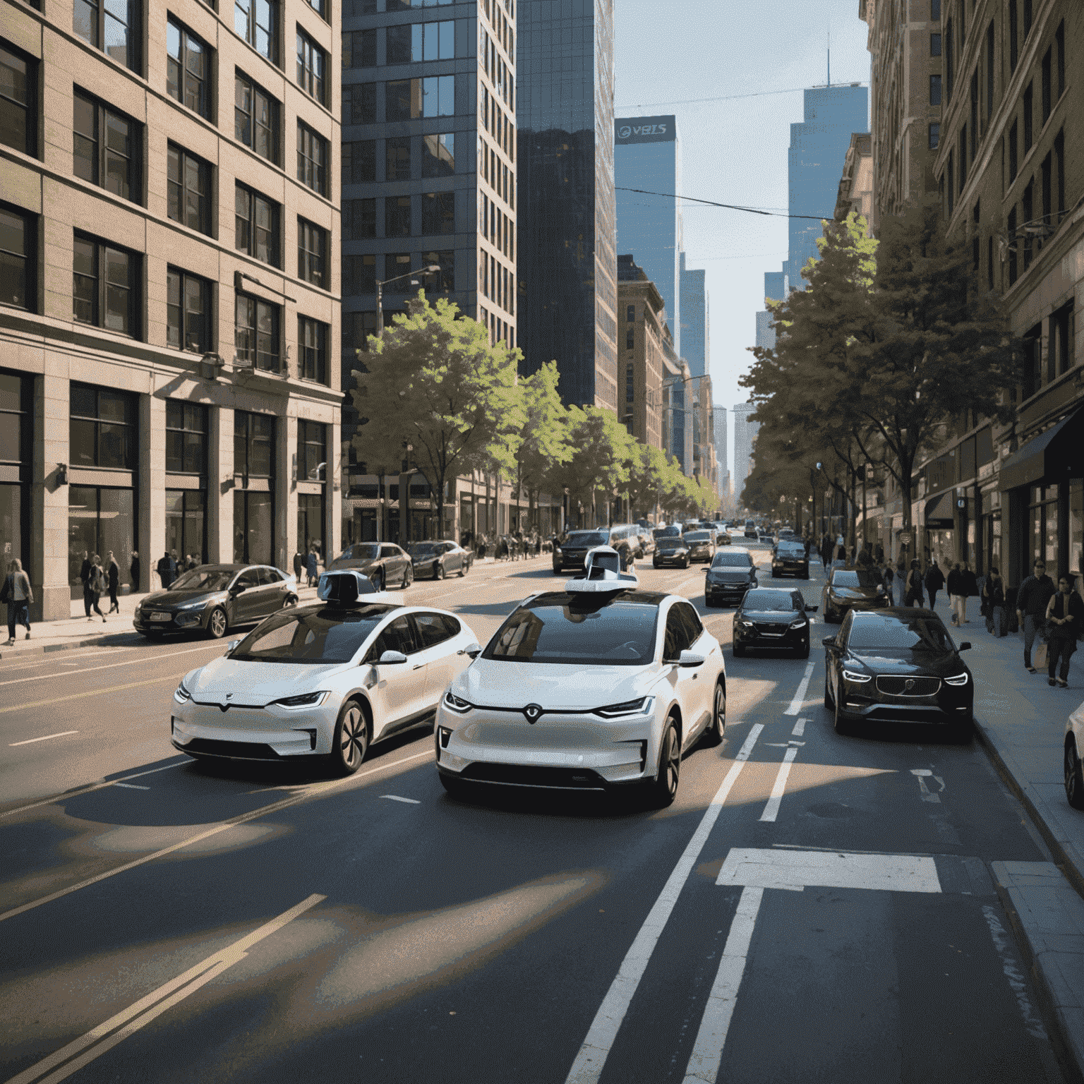 A busy city street with electric and autonomous vehicles driving alongside traditional cars, showcasing the future of transportation.