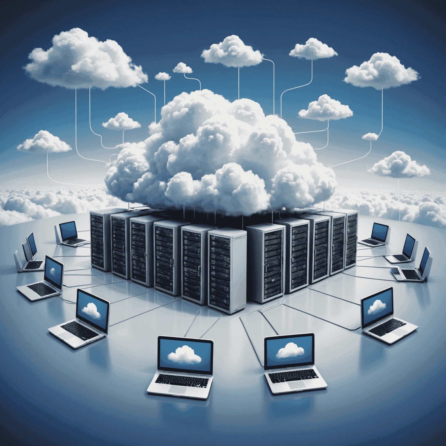 An illustration depicting the concept of cloud computing, with data and applications being stored and processed on remote servers accessible via the internet.