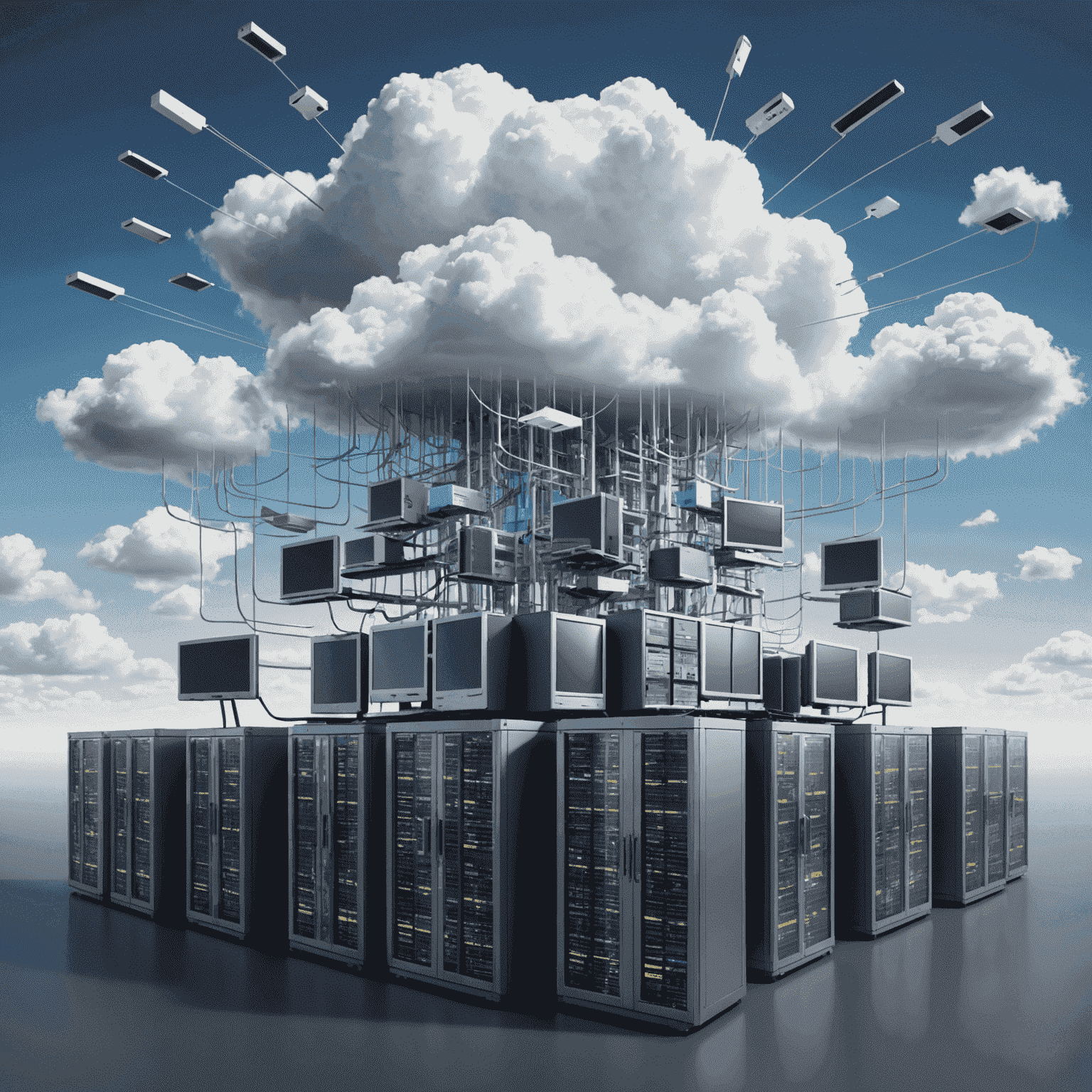 An illustration depicting the concept of cloud computing, with data and applications being stored and processed on remote servers.