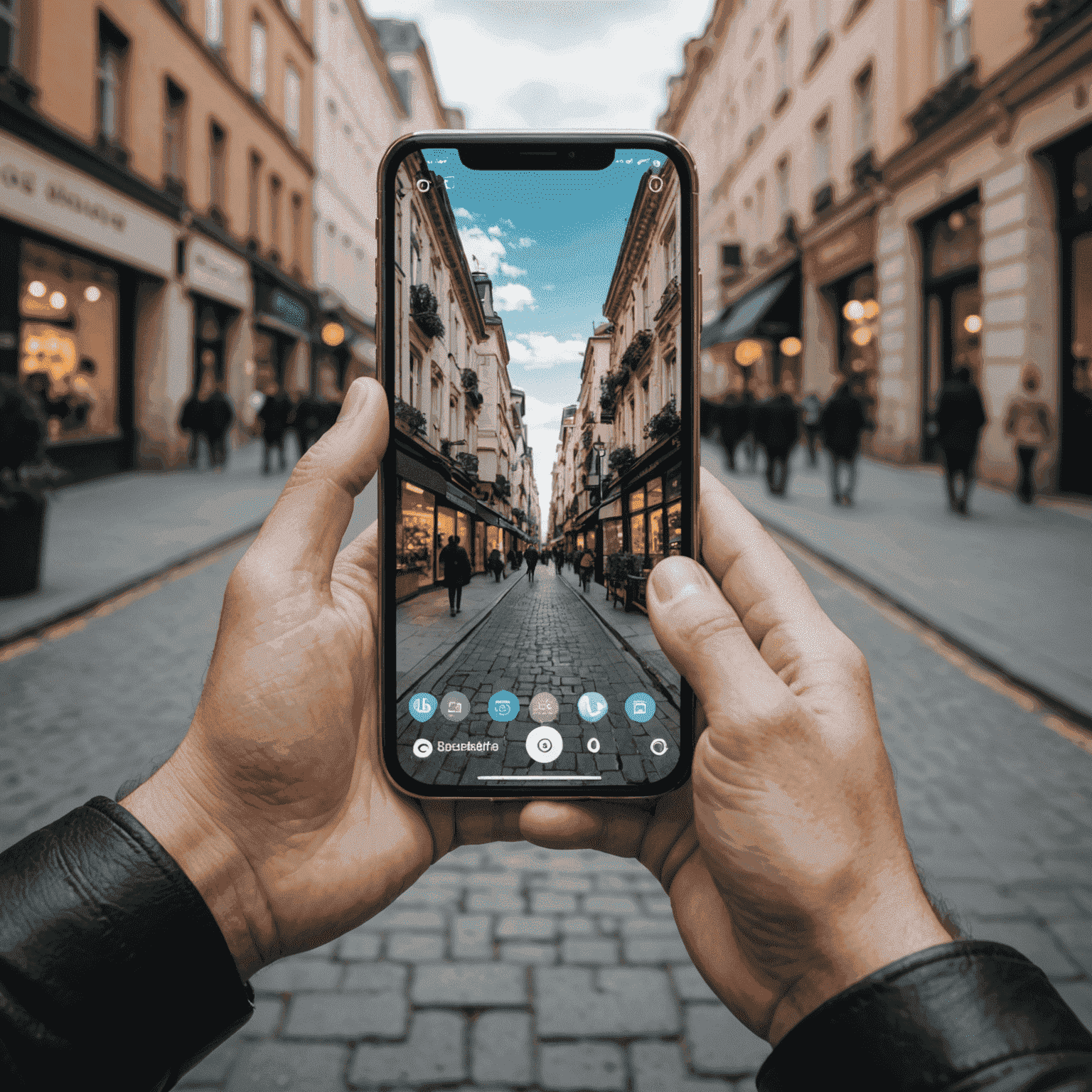 A person using an augmented reality application on their smartphone, showcasing the integration of digital content with the real world.